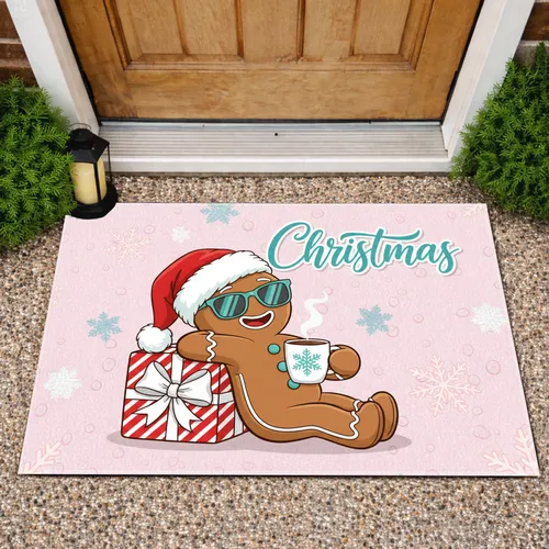 Gingerbread Man Sunglasses Santa Hat Christmas - Holiday Decor Gift for Coffee Lover Doormat