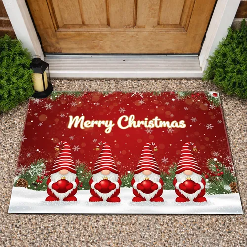 Gnomes Merry Christmas Snow Pine Berries - Christmas Holiday Decor Doormat