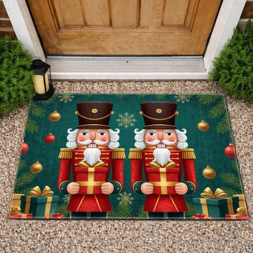 Christmas Nutcracker Figures Gift Boxes Pine Branches Christmas Decor Doormat