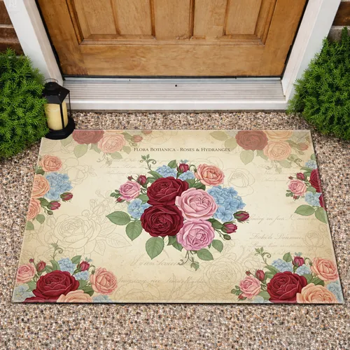 Aged Parchment Vintage Rose Hydrangea Floral Botanical Bouquet - Home Decor Gift Doormat