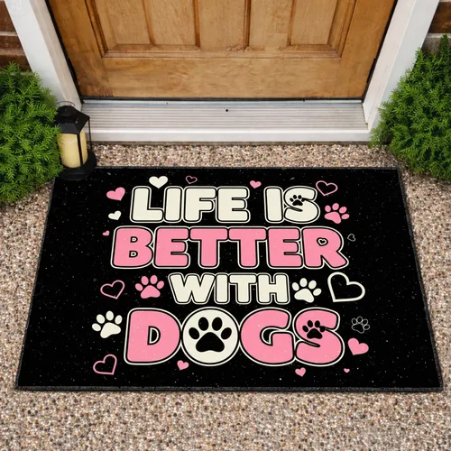 Loving LIFE IS better WITH DOGS Paw Prints Hearts - Home Decor Gift for Dog Owners Doormat