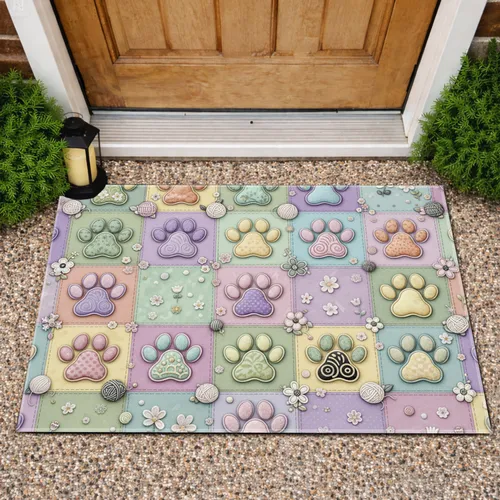 Patchwork Paw Prints Floral Quilt - Home Decor Gift for Pet Lovers Doormat