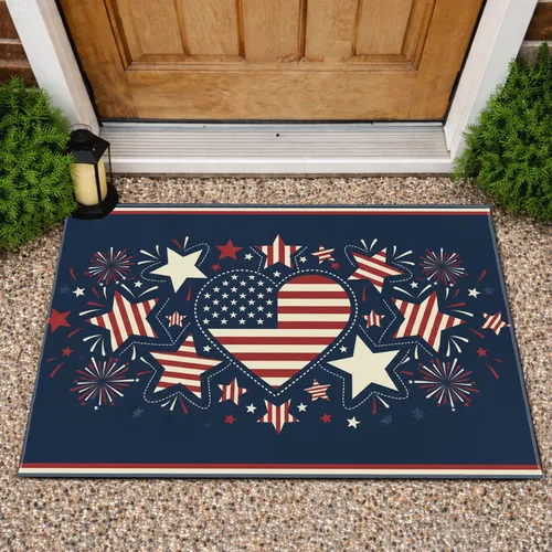 Patriotic Heart American Flag Stars Fireworks Celebration Gift For Veterans Doormat