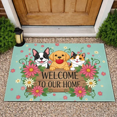 Pet Welcome Sign Floral Daisy - Home Decor Gift for Dog Cat Lovers Doormat
