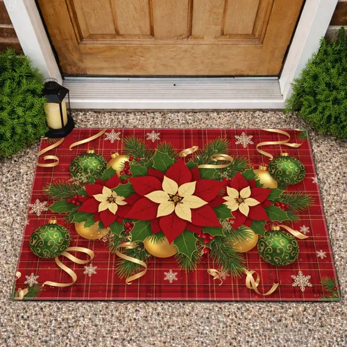 Red Tartan Poinsettia Holly Gold Ornaments Snowflakes Christmas Home Decor Doormat