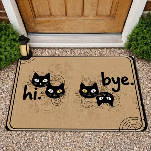 Black Cat Silhouettes Hi Bye with Expressive Eyes - Home Decor Gift for Cat Lovers Doormat