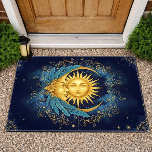 Golden Moon Sun Faces Feather Filigree Celestial Night Sky - Home Decor Gift Doormat