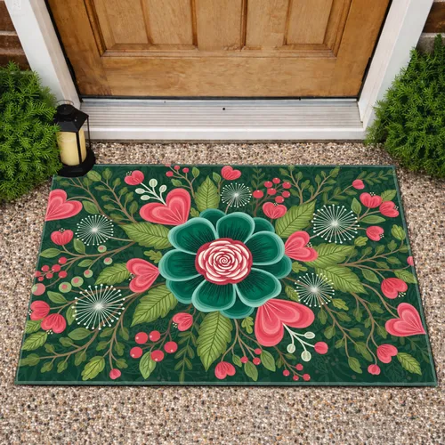 Emerald Blossom Heart-Petal Floral - Home Decor Gift for Garden Lover Doormat