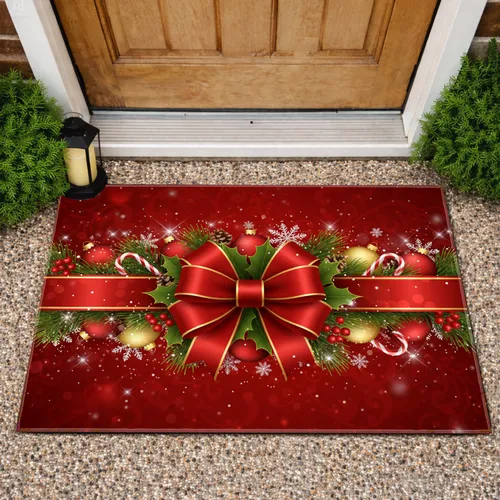 Red Ribbon Bow Holly Christmas Baubles Snowflakes - Christmas Home Decor Gift Doormat