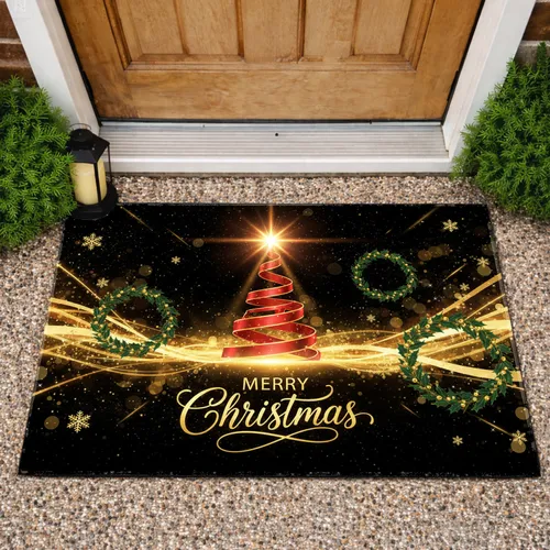 Shimmering Red Ribbon Christmas Tree MERRY Christmas - Festive Holiday Home Decor Doormat