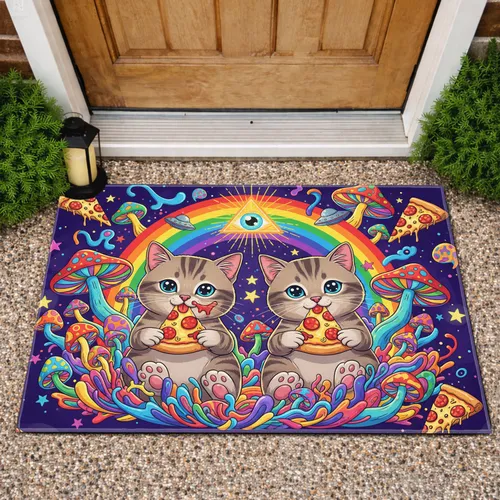 Tabby Cats Pepperoni Pizza Psychedelic Mushrooms Rainbow UFO - Home Decor Gift for Cat Lover Doormat