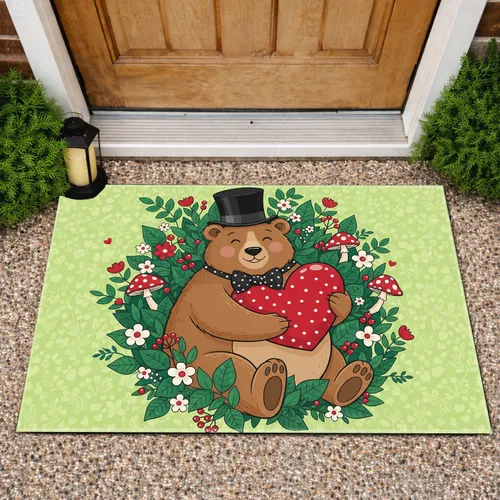 Brown Bear Top Hat Red Heart Botanical - Spring Home Decor Gift for Bear Lover Doormat