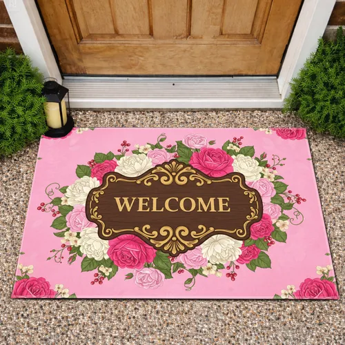 Ornate Welcome Plaque Rose Peony Bloom - New Home Decor Gift Doormat