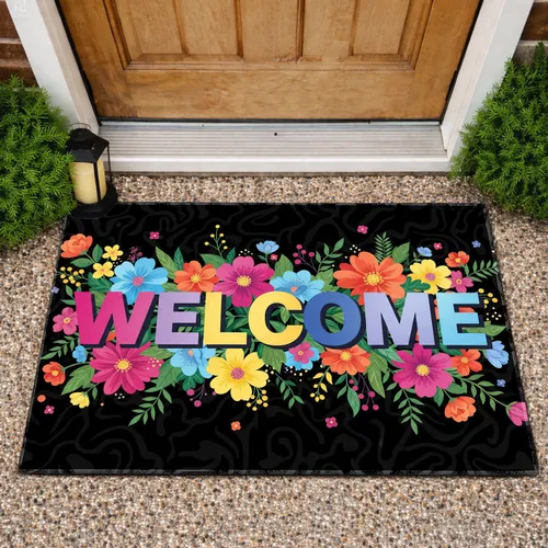 Welcome Lettering Distinct Hue Floral Blooms - Entryway Home Decor Gift Doormat