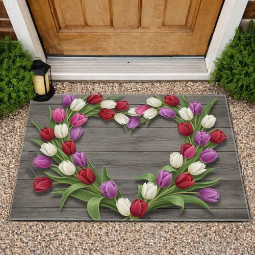 Tulip Wreath Heart Wood Grain - Home Decor Gift for Garden Lover Doormat