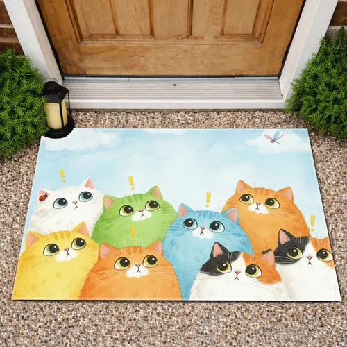 Fluffy Round Cartoon Cats Curious Eyes Dragonfly Ladybug - Home Decor Gift for Cat Lover Doormat