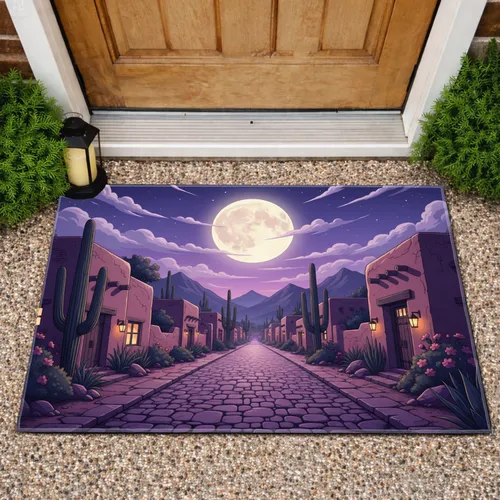 Moonlit Desert Town Full Moon Cobblestone Street - Home Decor Gift Doormat