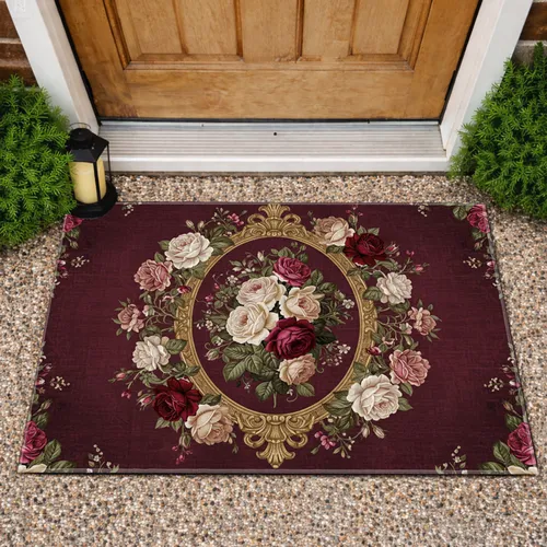 Blooming Roses Botanical Vines Ornate Gold Oval Frame - Home Decor Gift Doormat