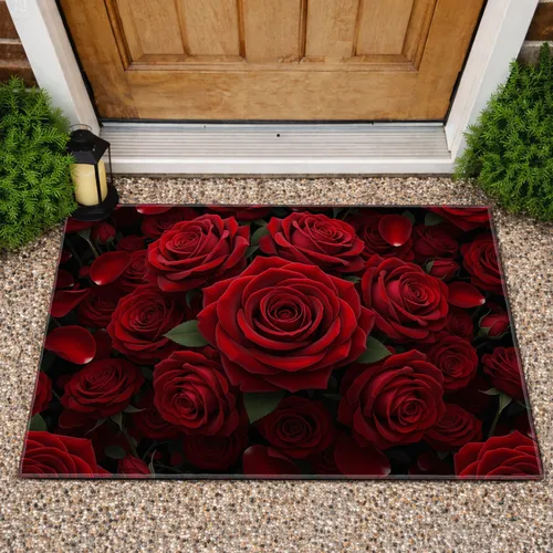 Dense Richly Detailed Red Rose Blooms Floral Tapestry - Home Decor Gift Doormat