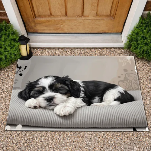 Black White Shih Tzu Puppy Asleep on Grey Taupe Cushion - Pet Lover Home Decor Gift Doormat