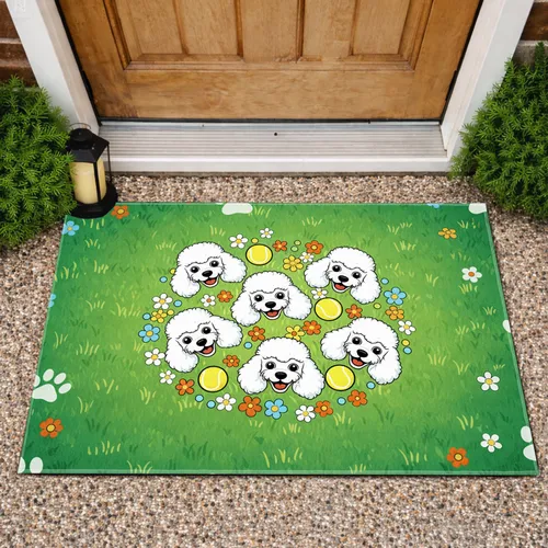 Fluffy Dog Heads Tennis Ball Paw Prints Meadow - Dog Lover Home Decor Gift Doormat