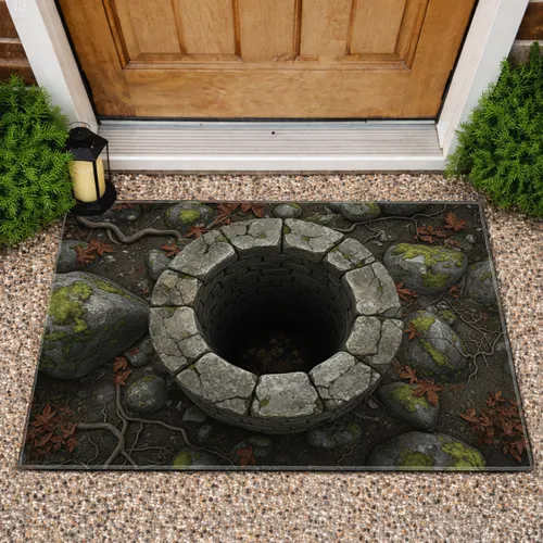 Ancient Stone Well Weathered Boulders Autumn Leaves - Home Decor Gift for Nature Lover Doormat