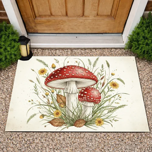 Red Fly Agaric Mushrooms Wildflower Grasses - Rustic Home Decor Gift Doormat