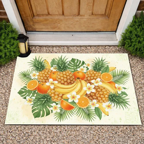 Ripe Golden Pineapple Orange Banana Green Leaves Tropical Flowers - Home Decor Gift Doormat