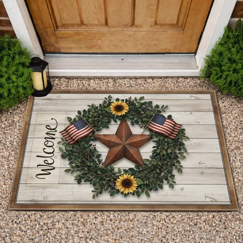 Welcome Barn Star American Flag Sunflowers Wreath - Rustic Farmhouse Home Decor Gift Doormat