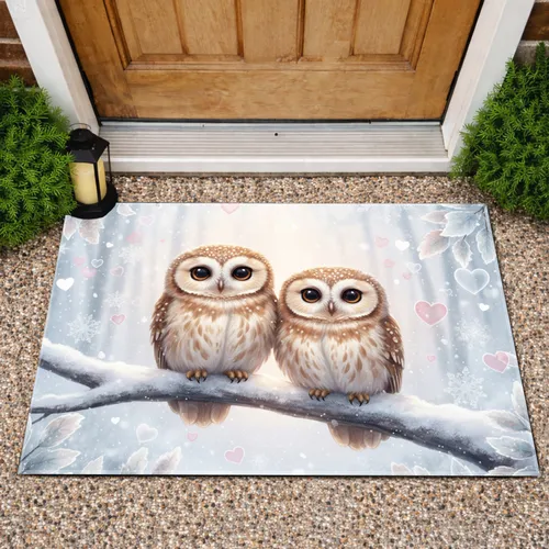 Pygmy Owls Snow Heart Flurry - Affectionate Winter Home Decor Gift Doormat