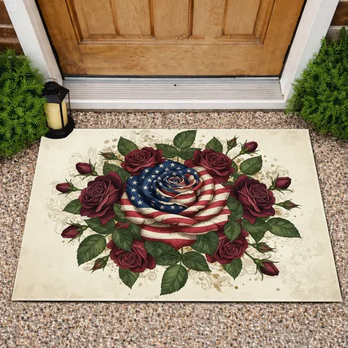 American Flag Rose Independence Day Home Decor Gift for Veterans Doormat