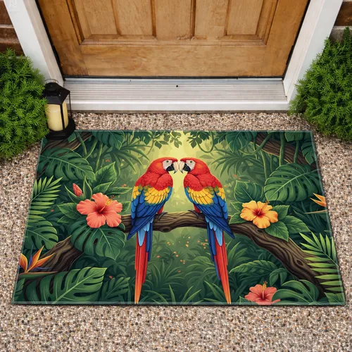 Red Macaw Parrots Tropical Rainforest Hibiscus - Home Decor Gift for Bird Lover Doormat
