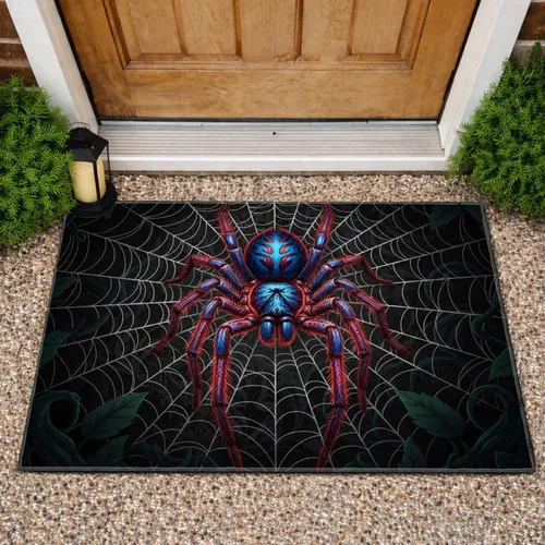 Red Blue Tarantula Spider Web Green Leaves Fantasy - Home Decor Gift for Spider Lover Doormat