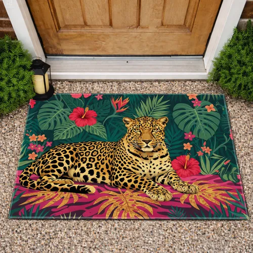 Leopard Tropical Jungle Hibiscus - Home Decor Gift for Leopard Lover Doormat