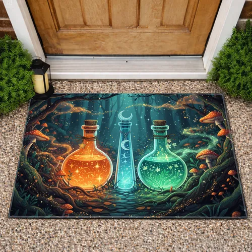Glowing Potion Bottles Forest Mushrooms Starlit Ground - Fantasy Lover Home Decor Gift Doormat