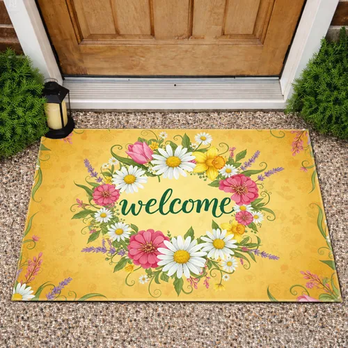 Deep Green Welcome Script Spring Wildflowers Botanical - Entryway Home Decor Gift Doormat