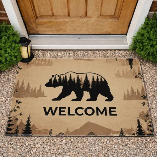 Walking Bear Forest Silhouette Welcome - Farmhouse Home Decor Gift Doormat