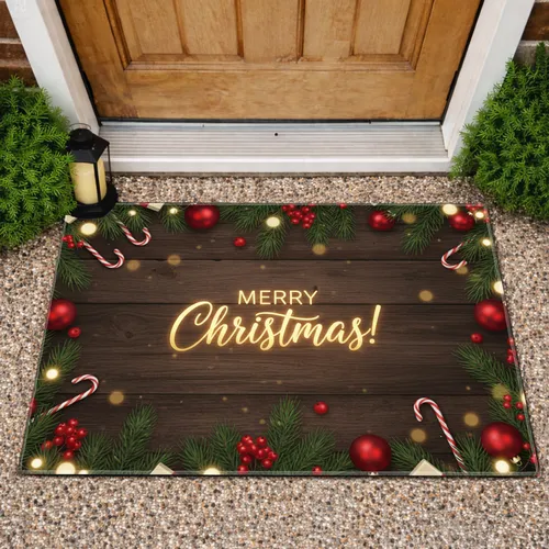 Merry Christmas Script Pine Branches Ornaments - Christmas Home Decor Doormat