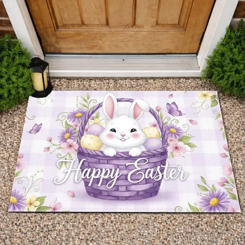 Happy Easter Bunny Basket Spring Flowers - Easter Holiday Gift Doormat