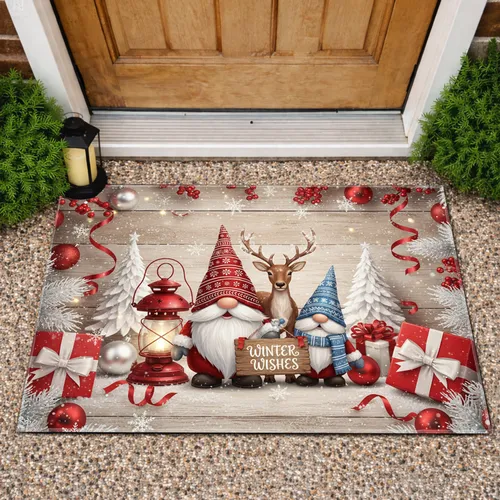 Gnomes Reindeer Winter Wishes Christmas Lantern Snow Tree Decor - Festive Holiday Gift Doormat