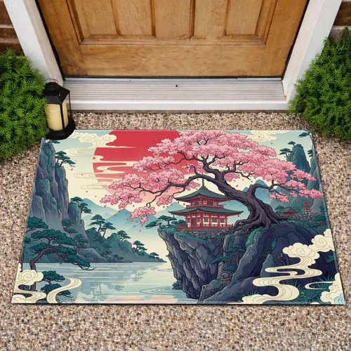Japanese Pagoda Cherry Blossom Sun Cliffs - Home Decor Gift Doormat