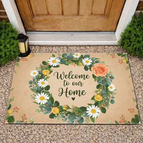 Welcome Home Script Floral Wreath - Farmhouse Home Decor Gift Doormat