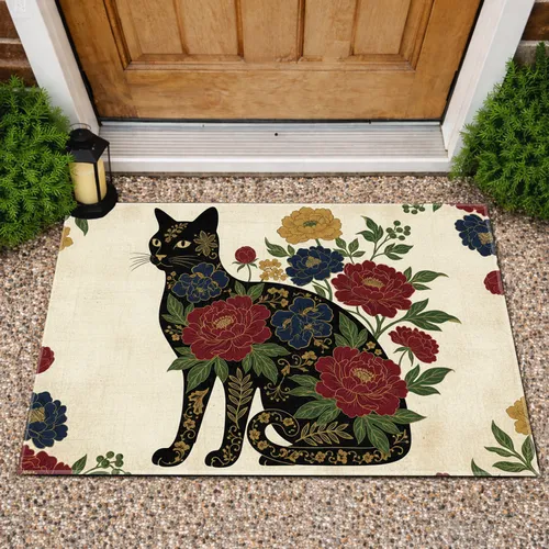 Black Cat Crimson Peony Navy Golden Blossom - Home Decor Gift for Cat Lover Doormat