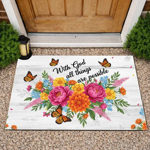Peony Dahlia Marigold Flowers Monarch Butterflies Scripture - Faith Home Decor Gift Doormat