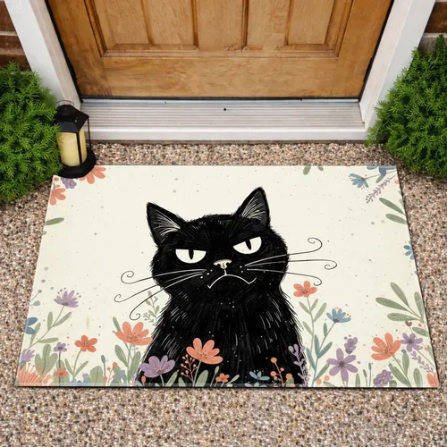 Grumpy Black Cat Wildflower Botanical Border - Home Decor Gift for Cat Lover Doormat