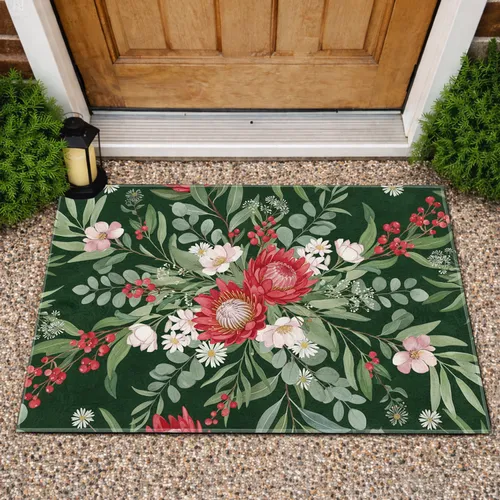 Red Protea White Daisy Blossoms Berries Green Leaves - Home Decor Gift Doormat