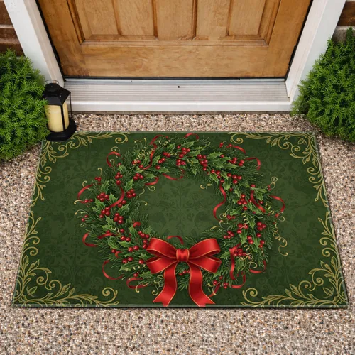 Lush Christmas Wreath Holly Berries Red Ribbon Gold Botanicals - Holiday Home Decor Doormat