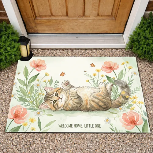 Fluffy Tabby Kitten Peach Coral Blossoms - Home Decor Gift for Cat Lover Doormat