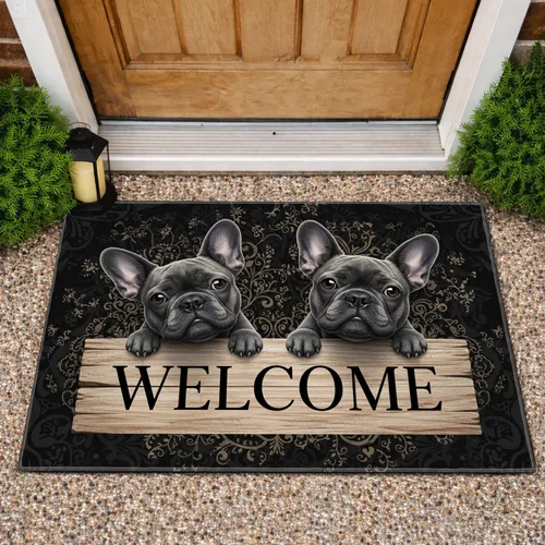 Dark Grey French Bulldogs Welcome Sign - Rustic Home Entryway Decor for Dog Owners Doormat