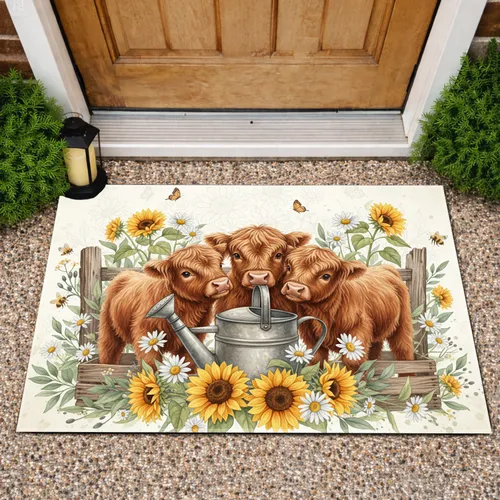 Fluffy Baby Highland Cow Sunflower Daisy Rustic Farmhouse Home Decor Gift for Cow Lover Doormat